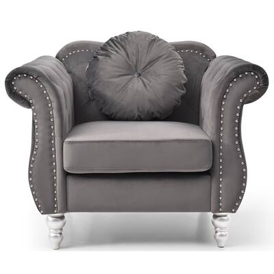 Velvet Tufted Accent Chair with Round Pillow - 39" - Gray