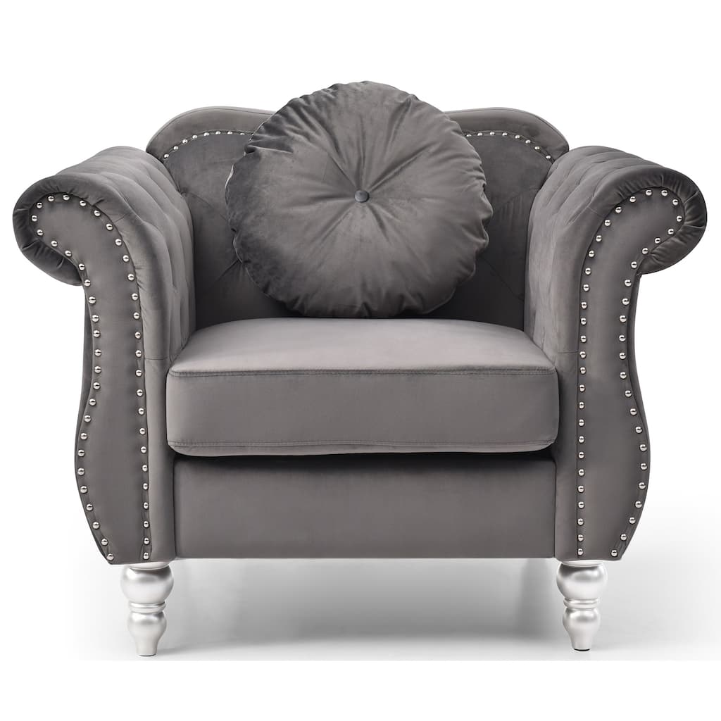Velvet Tufted Accent Chair with Round Pillow - 39" - Gray