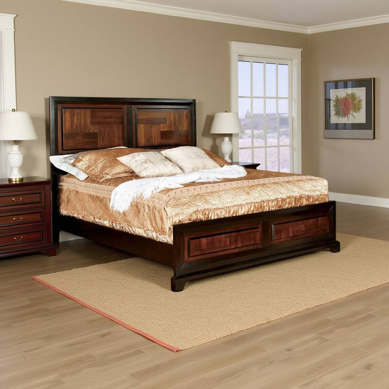 Transitional Style Eastern King Wooden Parquet Design Bed, Brown