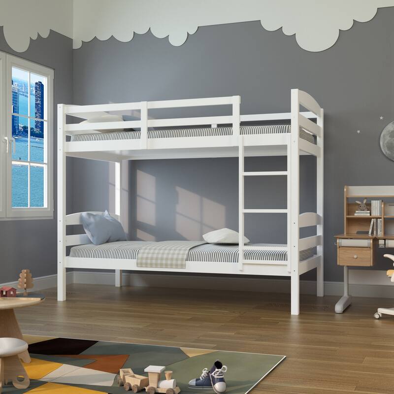 White/Espresso Wood Twin Over Twin Bunk Bed with Staircase