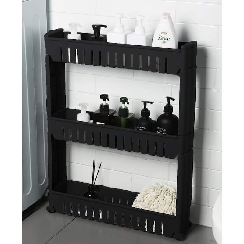 Multi-Purpose Slim Rolling Cart - 3-Tier Utility Organizer - 28.5" H x 21.5" L x 5.1"W - Black