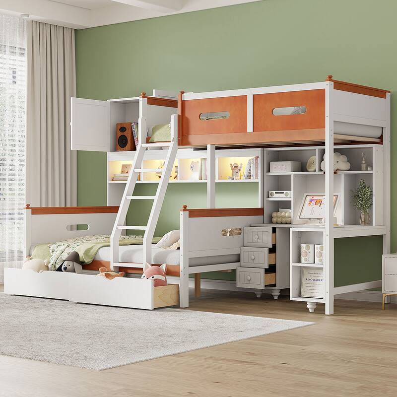 Roomfitters Twin Over Full Bunk Bed with Integrated Desk, Cabinet, & LED Lighting, Modern Storage Sleeper System, White & Orange