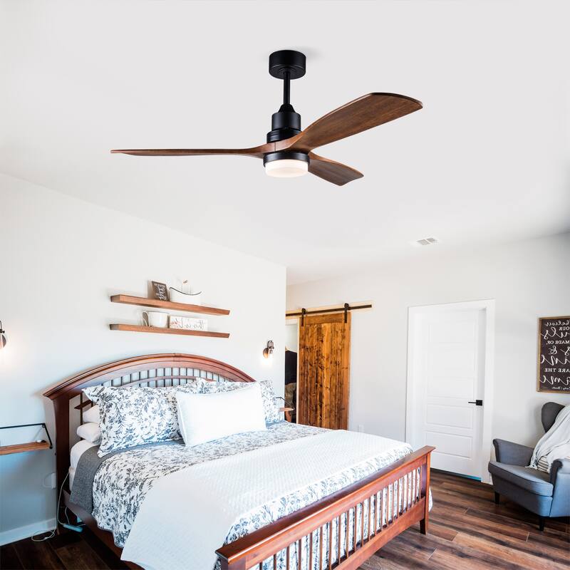 52 Inch Indoor Ceiling Fan With Dimmable LED Light 3 Solid Wood Blades Remote Control Reversible DC Motor
