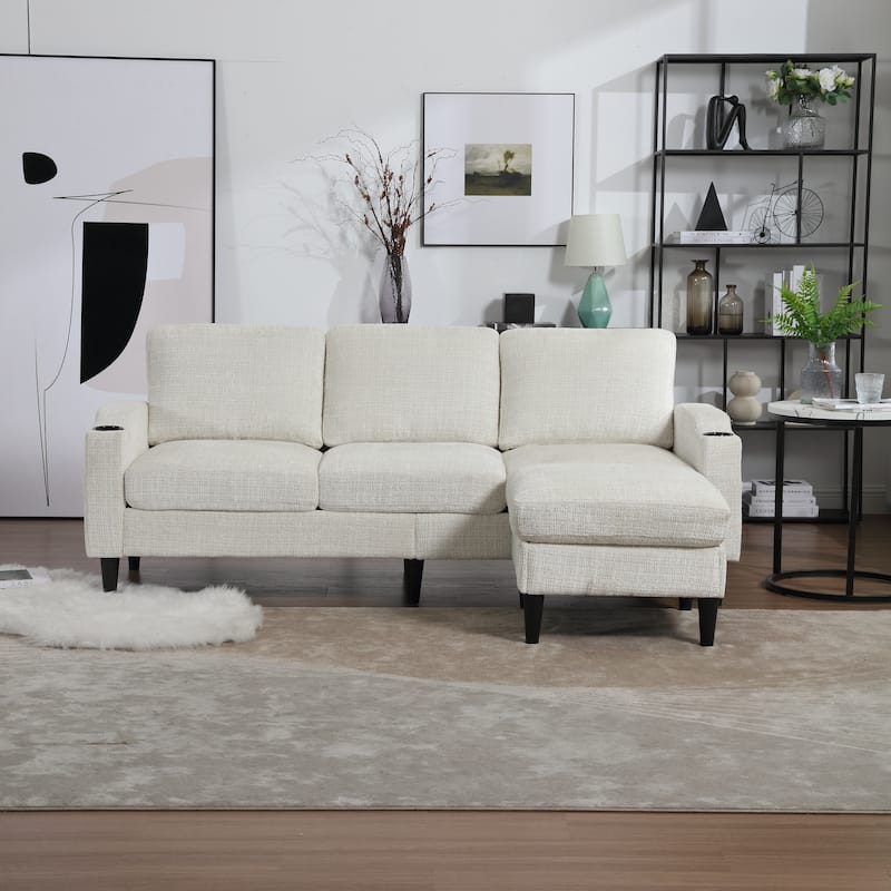 Modular Sectional Sofa with Storage Ottoman, Comfy Chenille Fabric Sofa, 3-Seater Sofa with Side Pockets & 2 Cup Holders