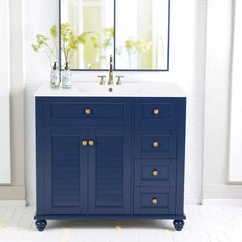 36" Bathroom Vanity with Ceramic Sink Solid Wood Frame Soft Close Drawers and Adjustable Storage Shelves - Blue