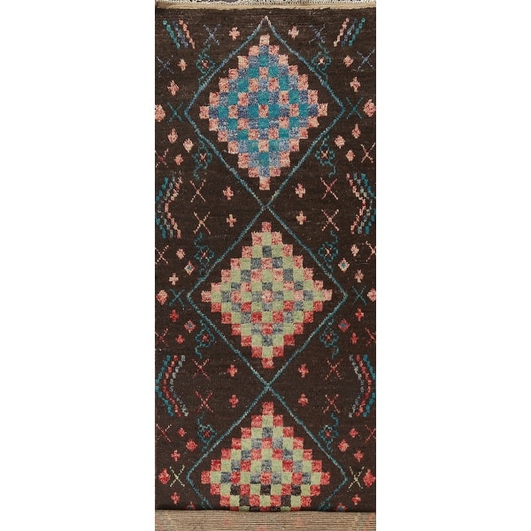slide 1 of 17, Tribal Geometric Oriental Moroccan Runner Rug Wool Hand-knotted Carpet - 4'1" x 16'8"