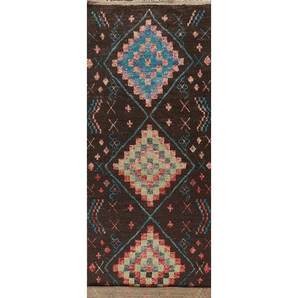slide 1 of 17, Tribal Geometric Oriental Moroccan Runner Rug Wool Hand-knotted Carpet - 4'1" x 16'8"