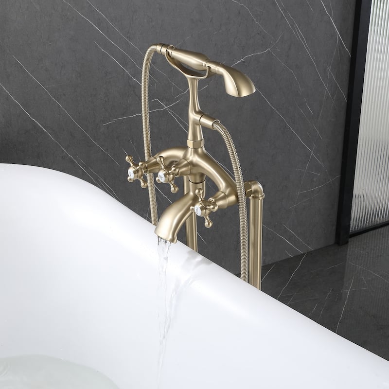 39.37"H Solid Brass 3 Handle Floor Mounted Clawfoot Tub Faucet with Diverter