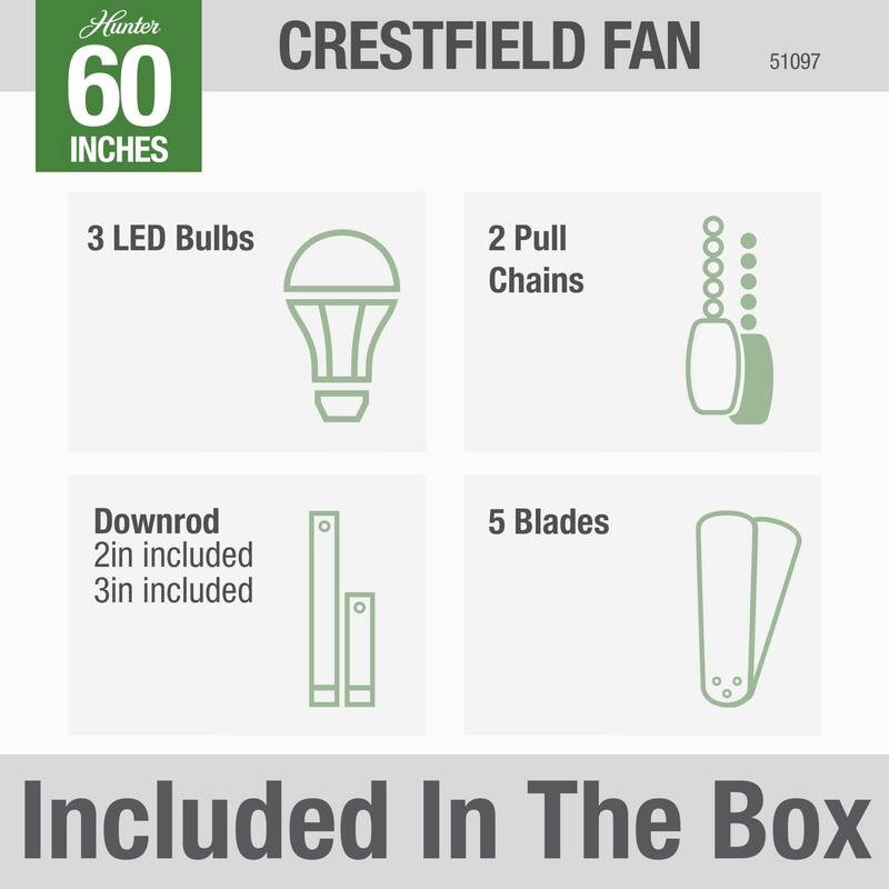 Hunter 60" Crestfield Ceiling Fan w/3-Light LED Light, Pull Chain - Farmhouse, Transitional, Rustic - Exclusive SureSpeed!