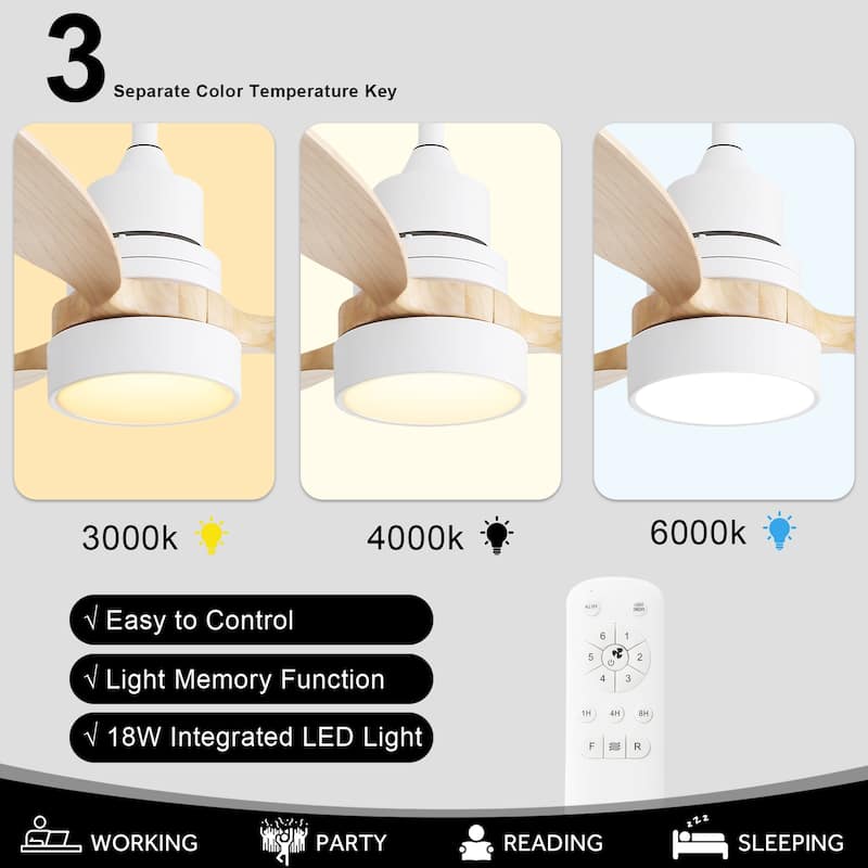 52 inch Wood Ceiling Fan with Light and Remote, Dimmable LED and Reversible DC Motor
