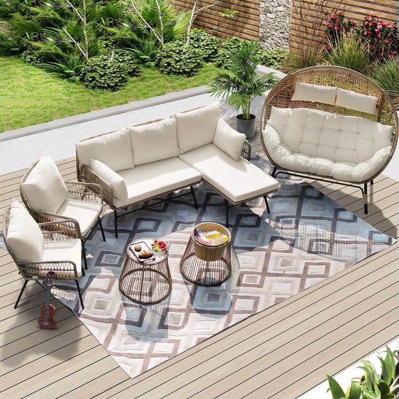 7-Piece Outdoor Boho Patio Furniture Set with Double Egg Chair, Wicker Sectional Conversation Set with Coffee Tables and Cushio