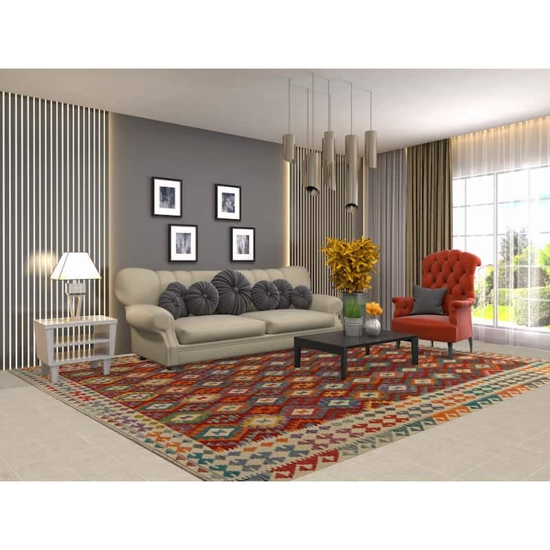 All-Over Geometric Kilim Oriental Area Rug Hand-Woven Wool Carpet - 9'2"x 11'3"