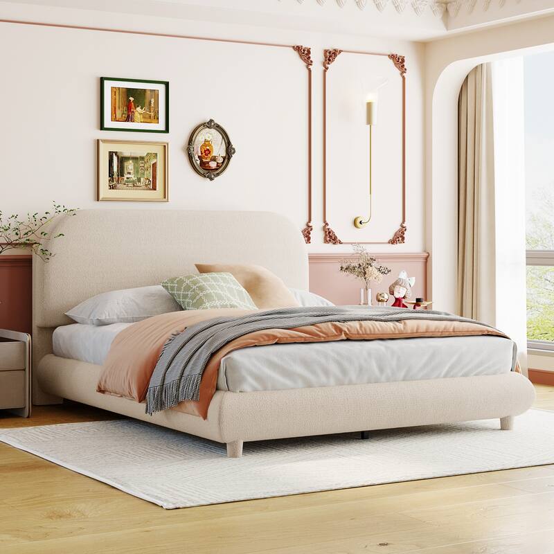 Solid Frame Platform Bed with Teddy Fleece Thick Fabric,Beige - Full