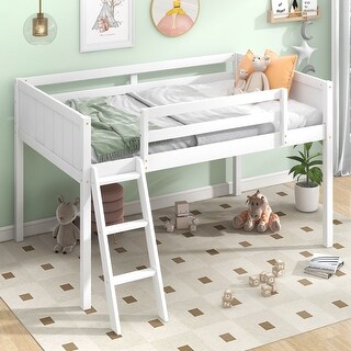 Twin Size Wood Low Loft Bed with Convertible Ladder, Sturdy Pine Frame, Full-Length Guardrails, No Box Spring Needed, White