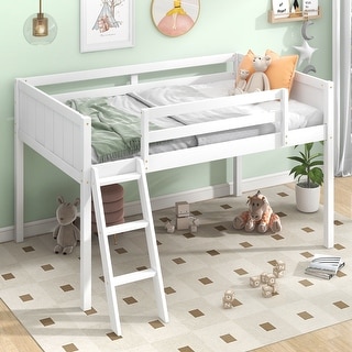 Twin Size Wood Low Loft Kids Bed Frame with Convertible Ladder, Full Guardrails, No Box Spring Needed, Easy Assembly, White