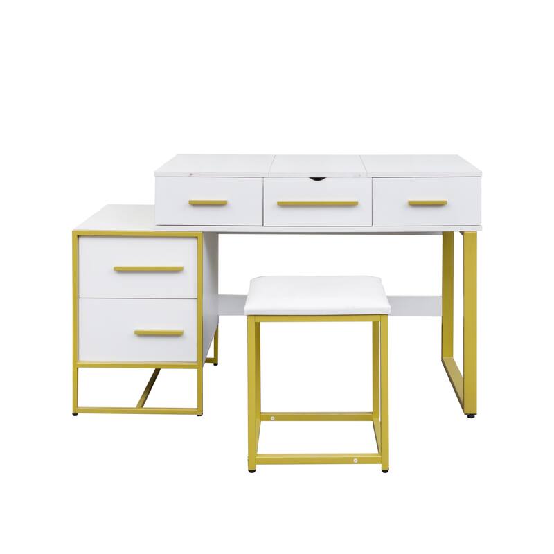 Vanity Desk with Flip Top Mirror, Large Wooden Dresser Table, Makeup Vanity Set with 4 Storage Drawers and Cushioned Stool