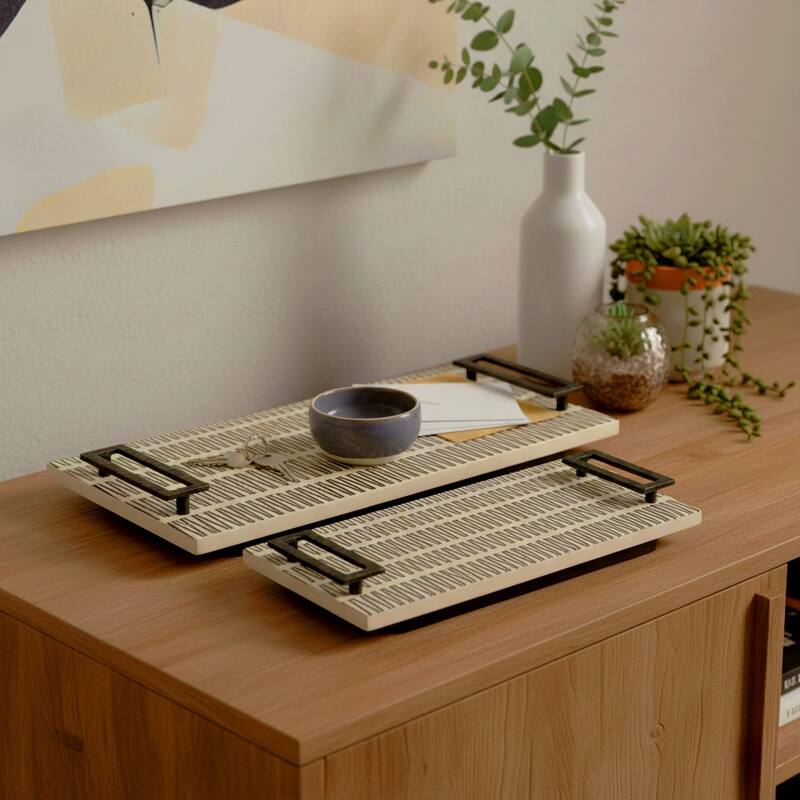 Wood Handled Decorative Trays Set of 2 - Black, 18" - 22.0" - Black/ White - 22.0"