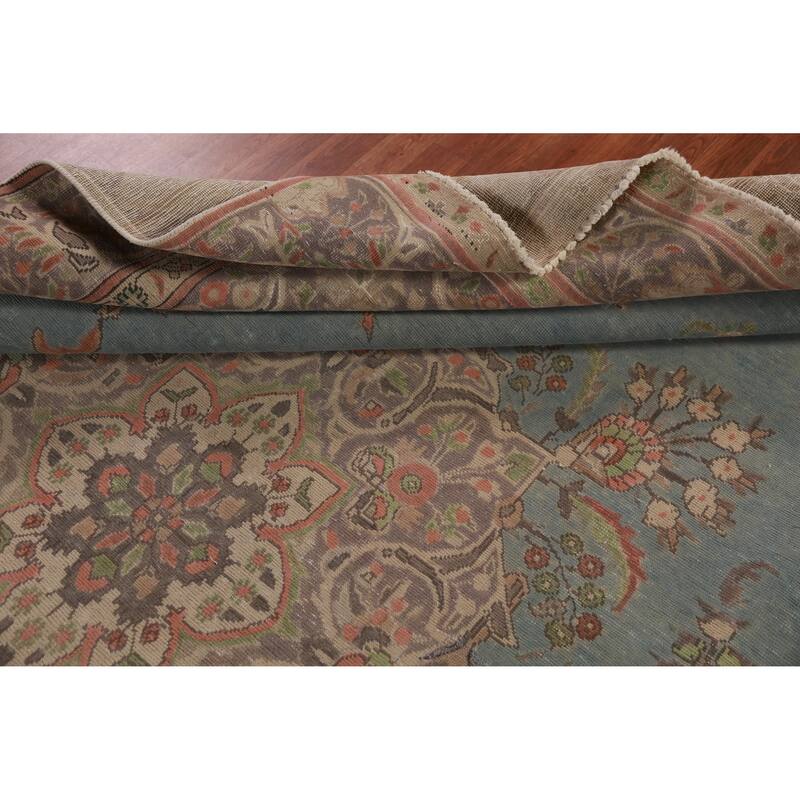 Light Blue Medallion Tabriz Persian Vintage Rug Handmade Wool Carpet - 9'2" x 12'5"