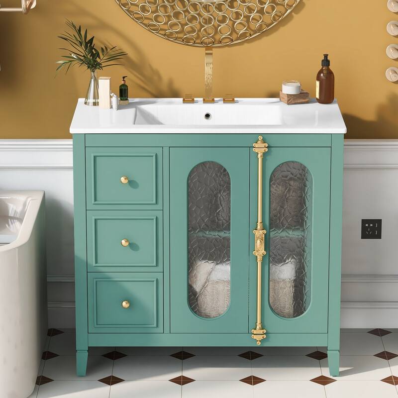 36-Inch Lake Green Bathroom Vanity with Ceramic Sink, Glass Doors & Storage Drawers - 36 in ,Lake Green ,Ceramic,Solid Wood+MDF