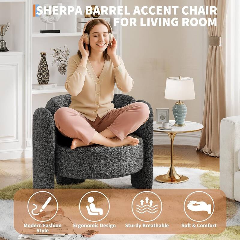 Modern Chenille Accent Chair,Round Corner Side Sitting Lounge Armchair for Bedroom