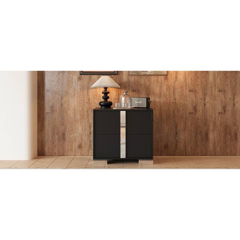 Elegant Mirrored 2-Drawer Nightstand with Metal Feet - Bedside Table for Bedroom/Living Room (Black)