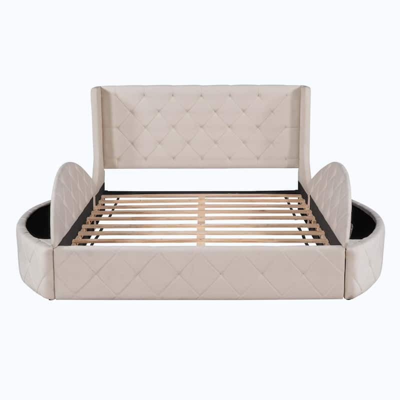 Queen Size Upholstered Platform Bed with Wingback Headboard and 1 Big Drawer,2 Side Storage Stool