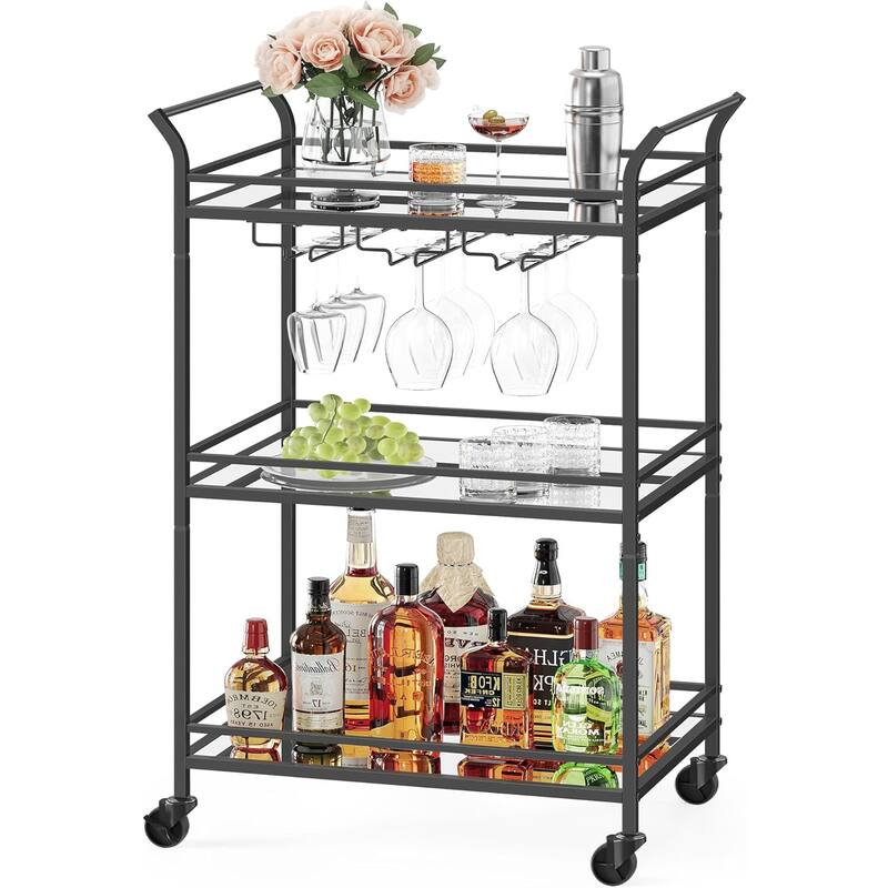 Home Bar Serving Cart with 3-Tier Shelf, Wine Holders, Glass Holders - Black