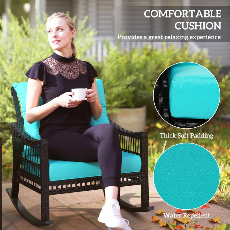 3 Piece Rattan Rocker Chair Set, Outdoor Rocking Chairs, Glass Table