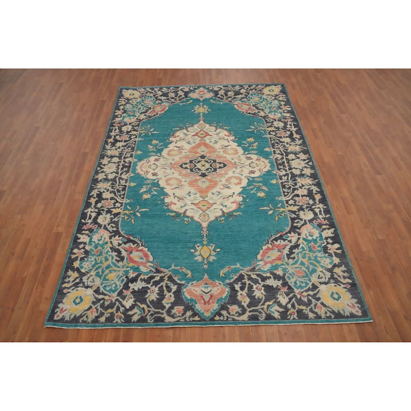 Hand Knotted Oriental 100% Wool Carpet Transitional Floral Navy Blue & Blues Oushak Area Rug - 10' 0'' X 6' 11''
