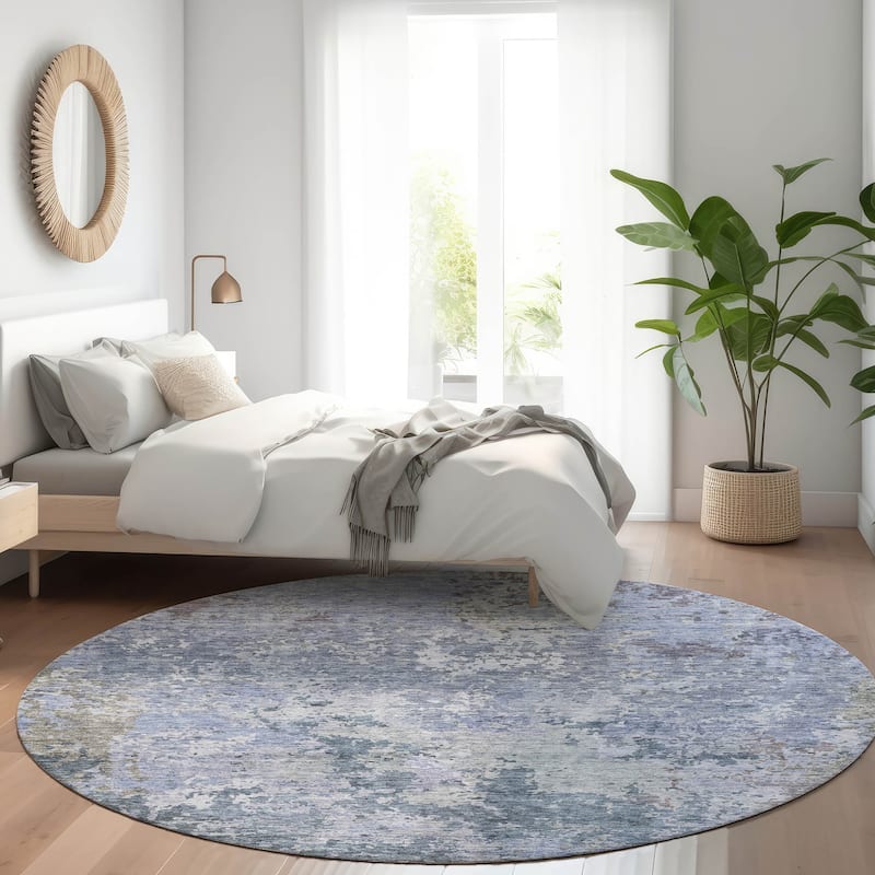 Machine Washable Indoor/ Outdoor Abstract Contemporary Chantille Rug - Blue - 8' x 8'