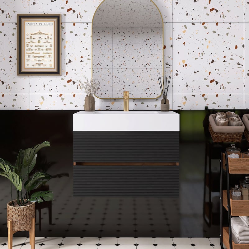 Wall Mounted Bathroom Vanity with Solid Surface Sink and Soft Drawers - 29.94'' x 18.12'' x 25.29'' - Walnut and White