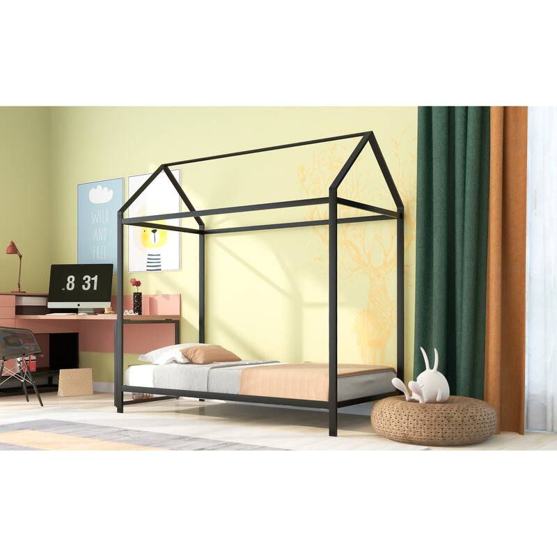 Twin Size Metal House Bed for Kids, Floor Bed Frame with Slats