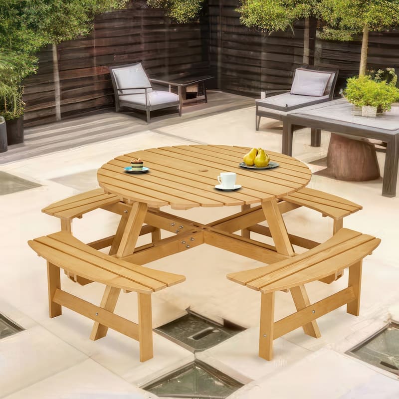 Outdoor 8 Person Picnic Table with a umbrella Hole,4 built-in benches