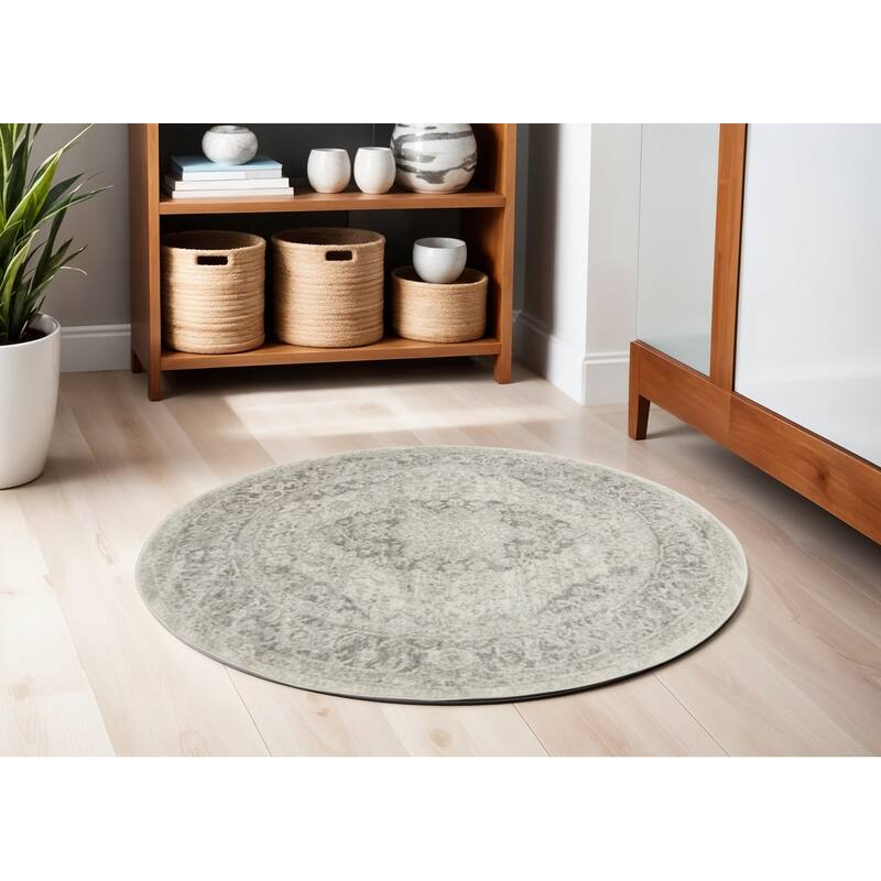 HomeRootsFloral Medallion Transitional Round Area Rug - 63' X '63' X '0.5 - 63' X '63' X '0.5 - Ivory/Gray