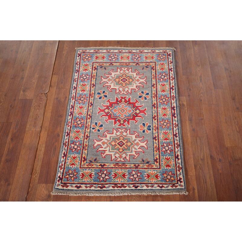 Gray Geometric Kazak Oriental Foyer Rug Hand-Knotted Wool Carpet - 2'0" x 3'0"