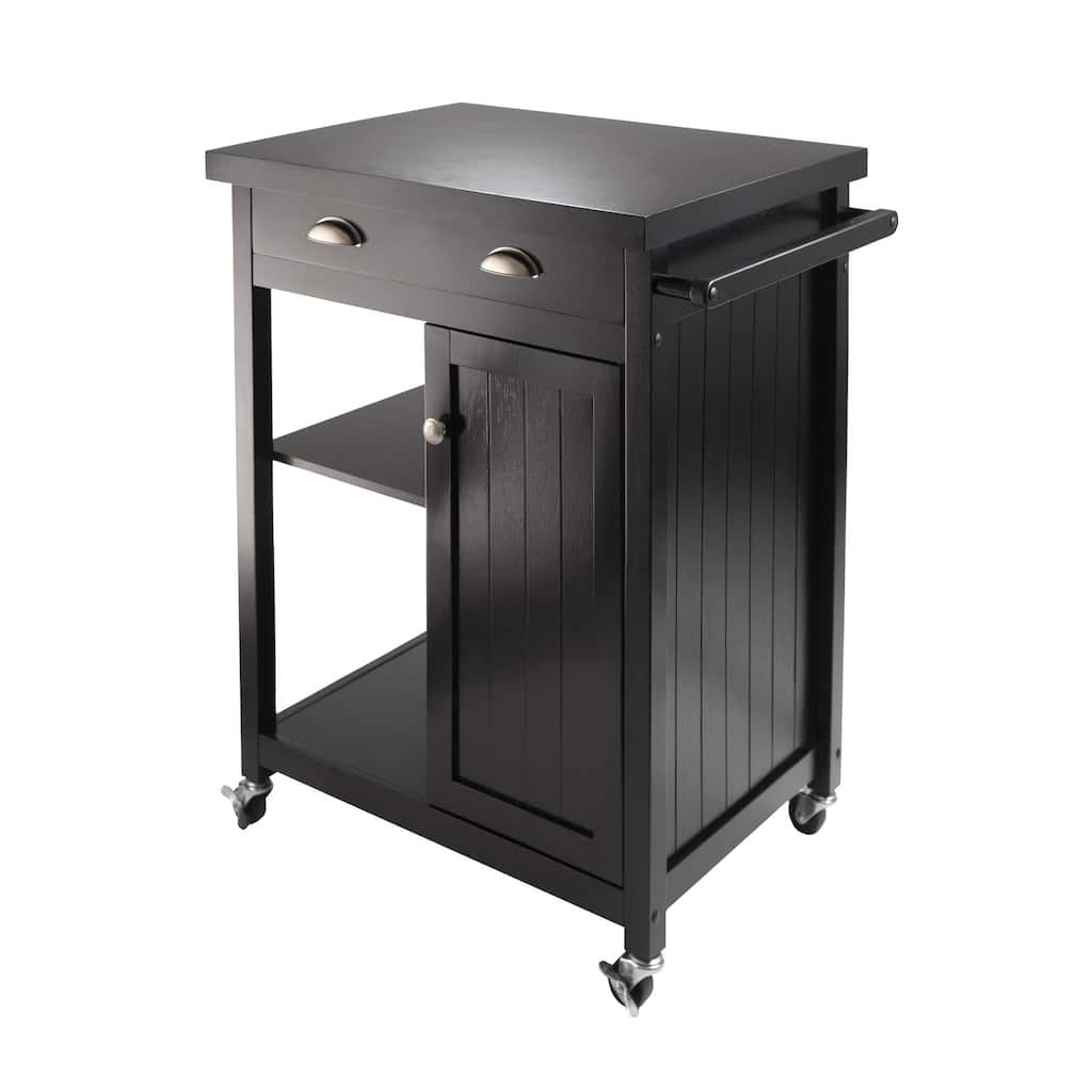 34" Black Elegant Timber Kitchen Cart with Wainscot Panel