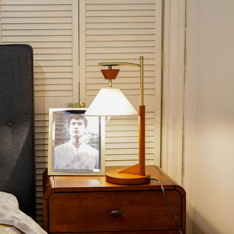 Lorient Wood and Linen Table Lamp with Brushed Gold Accents - Walnut