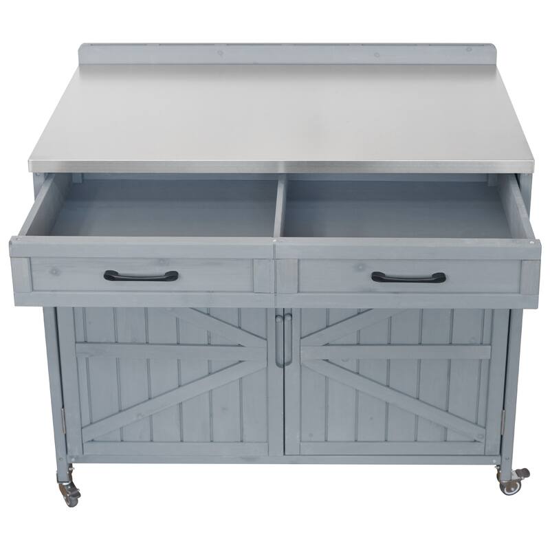 39.4" Outdoor Kitchen Island on Wheels with Stainless Table Top, Outdoor Kitchen Cabinet with Adjustable Shelves