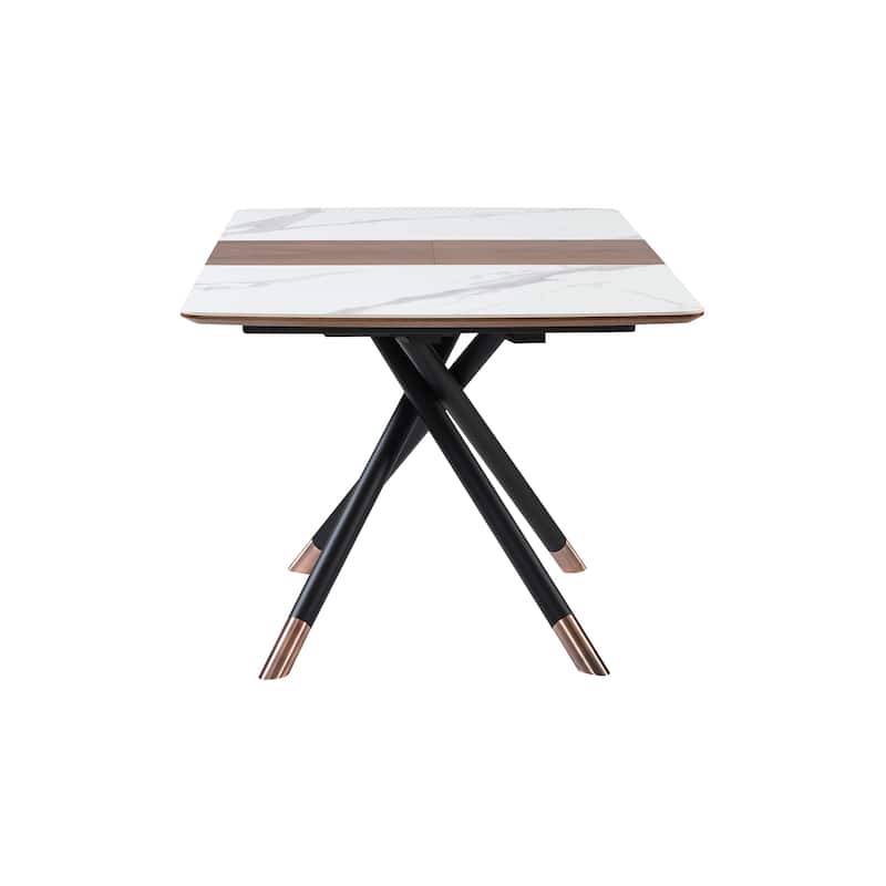 Alora 51" - 67" Extendable Dining Table with Light Gray Ceramic and Wood Top and Metal Legs