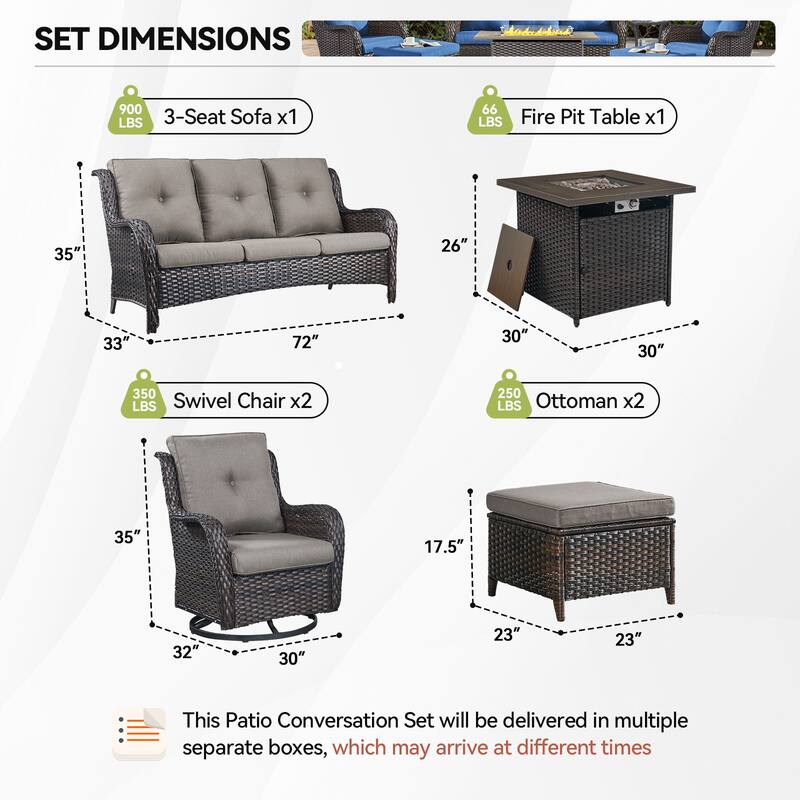 Fire Pit Table with Sofa 2 Swivel Chairs Ottomans Brown-Grey - Brown