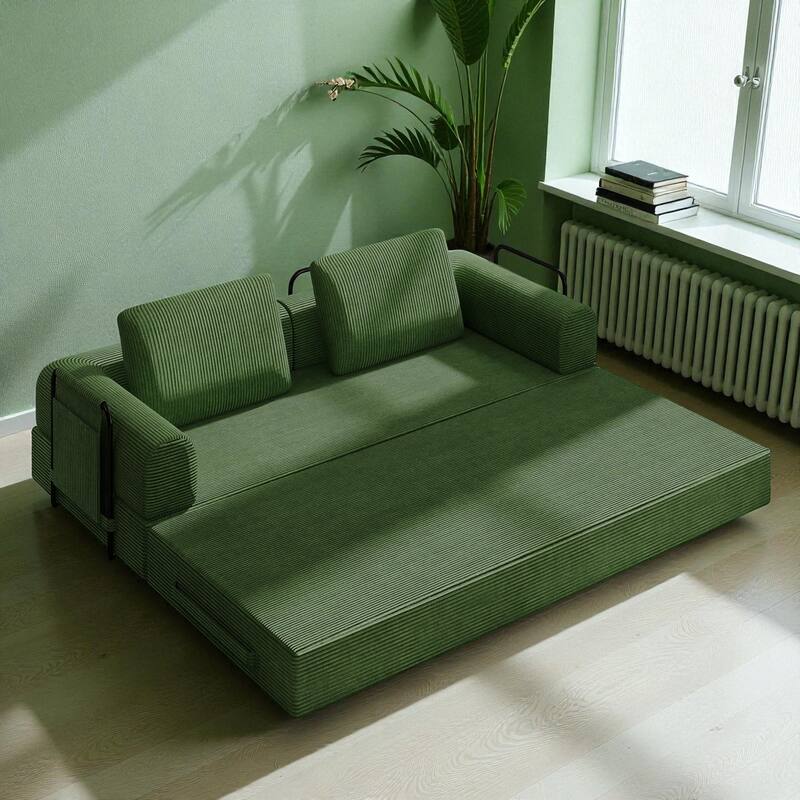 Convertible Corduroy Sleeper Sofa Bed, 3-Seat Folding Floor Couch with Cylindrical Pillow & Fixed-Shape Frame