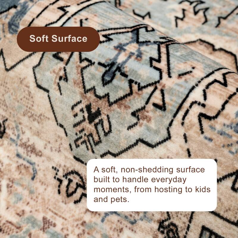 ECARPETGALLERY Esmira Traditional Machine Washable Blue & Beige Area Rug