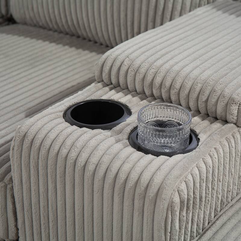 129.14" Corduroy 6-Piece Modular Sectional Sofa with Storage Ottoman, USB Charging and Cup Holders