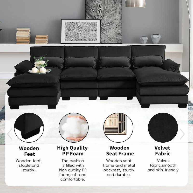 110" Sectional Couches for Living Room,U-Shaped Sofa Couch with Velvet Fabric,4 Seat Sofa Set with Double Chaise