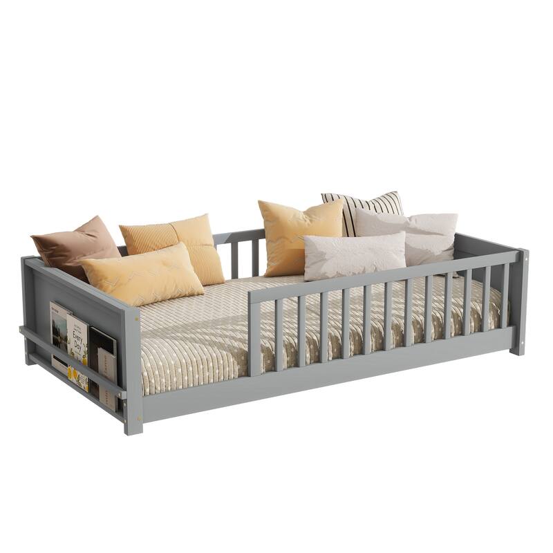 Twin Floor Bed with Built-in Bookcase Rubber Wood Low Profile Platform Bed