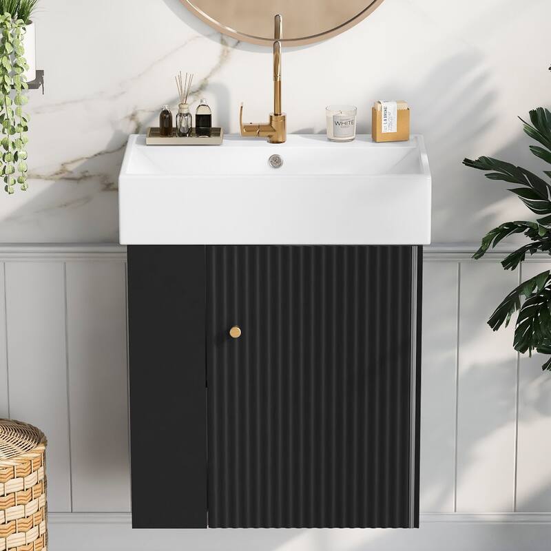 21.6" White Floating Bathroom Vanity - Space-Saving Wall-Mounted Sink Cabinet with Side Storage & Soft-Close Door