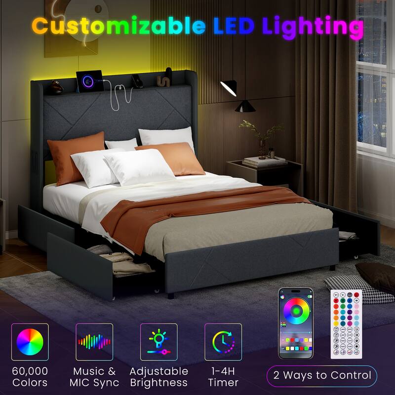 Gymax Bed Frame w/LED Lights Charging Station 2 Storage Pockets & 4