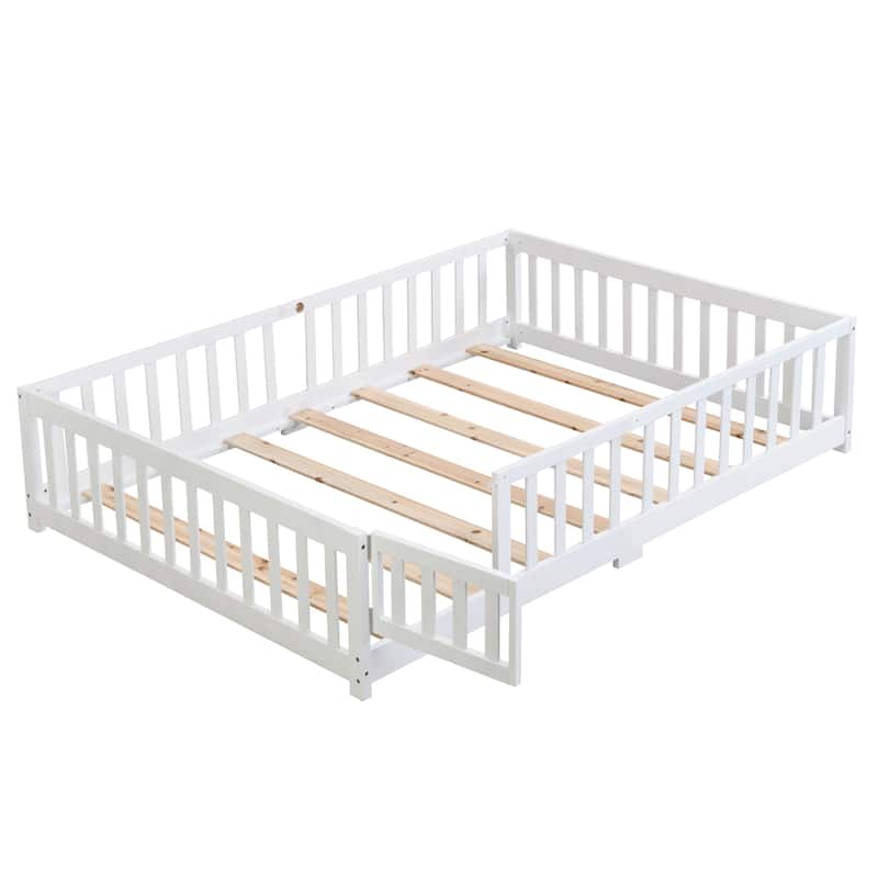 Twin Size Floor Bed with Safety Door, Solid Wood Platform Bed Frame with Fence, Ideal for Kids, Pine Wood, White