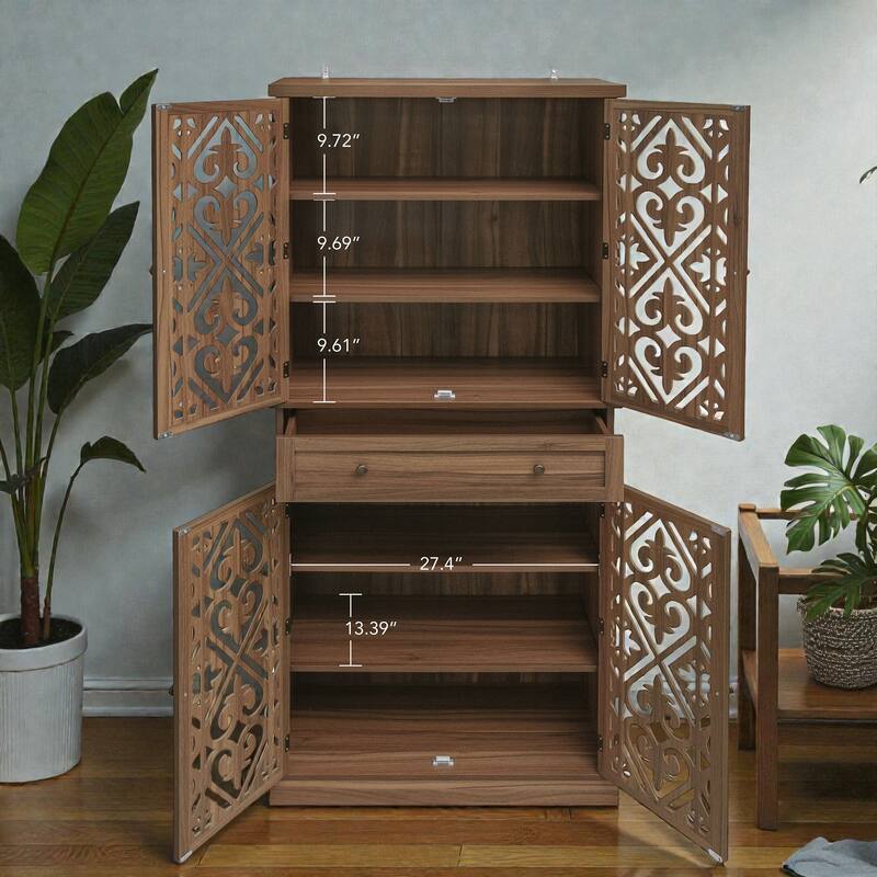 4 Door Storage Cabinet with Drawer, Adjustable Shelves Accent Cabinet with Carved Doors and Anti-Tip Design