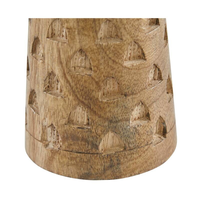 Wood Geometric Handmade Intricate Carved Pillar Candle Holder - Set of 3 Brown - Roche River Decor - 4"W x 4"L x 10"H